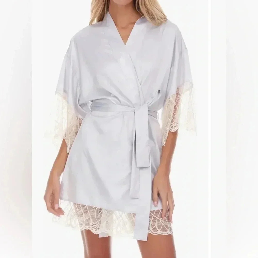 Flora Nikrooz Women’s Lace Trim Satin Kimono Wrap Robe Blue Sz L NWT